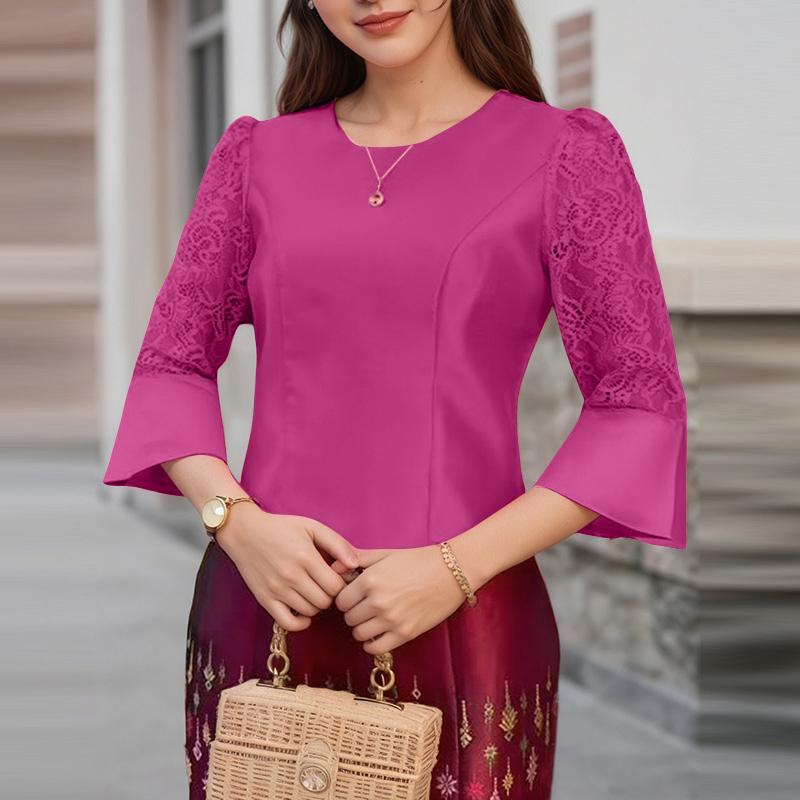 

ZANZEA Женская повседневная блузка с круглым вырезом, кружевной вставкой и рукавами 3/4 M кларет