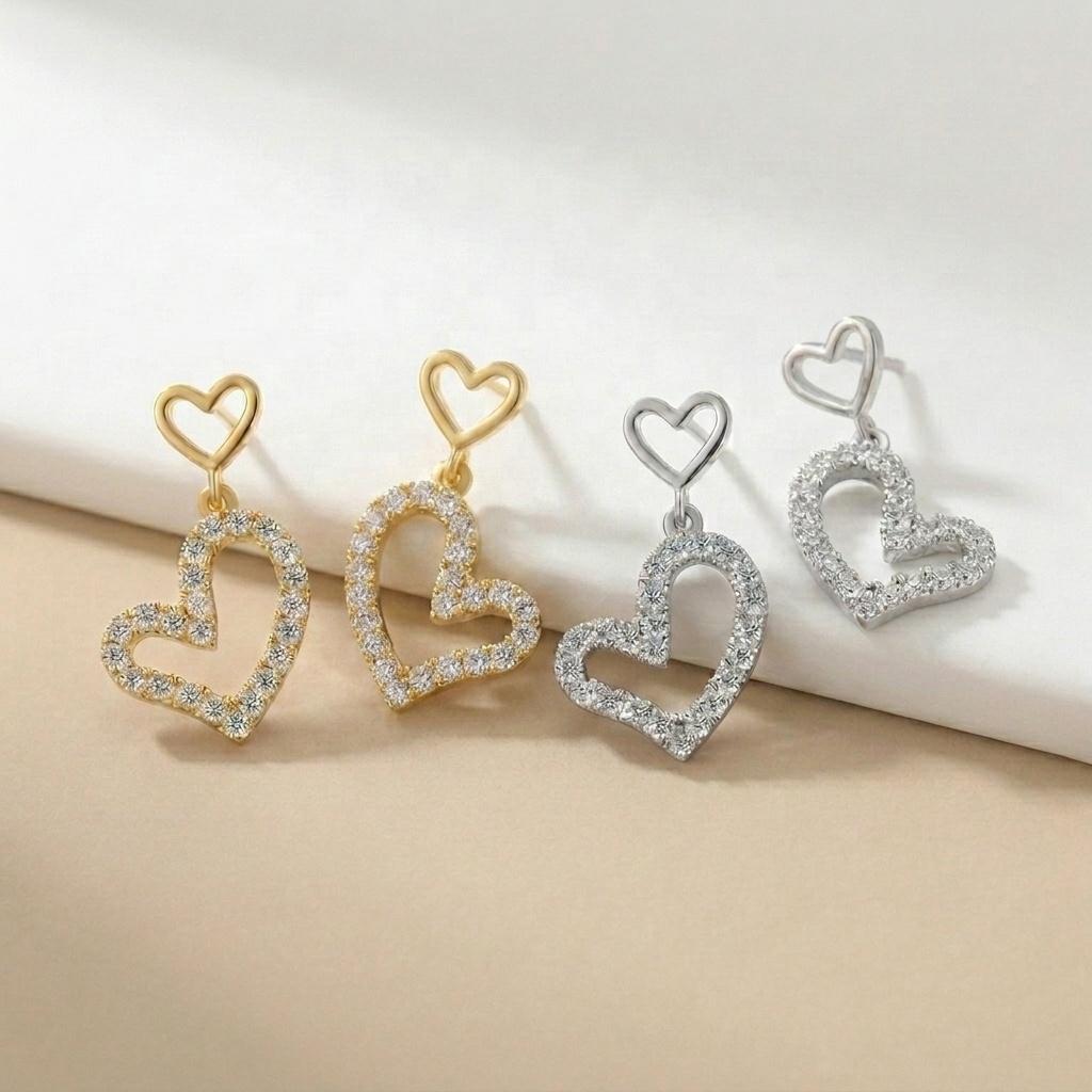 Premium 925 Sterling Silver Jewelry for Dates Gold Plated Cute Hollow Love Heart Shaped Moissanite Drop Stud Earrings for Women