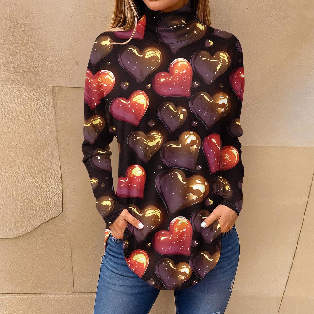 Tee Shirts For Women Fall Casual Long Sleeve Shirts Sweatshirt Vintage Printed High Neck Top Pullover