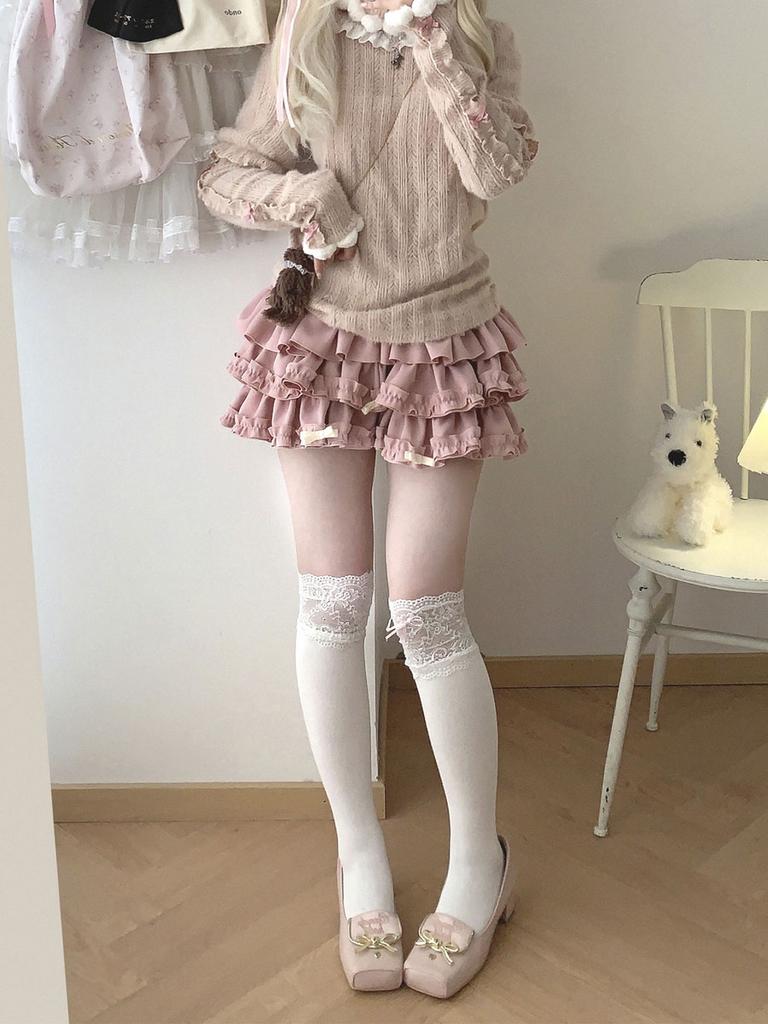 Bow Mini Skirt for Women Kawaii Cute Ruffle Cake Skirt Shorts Girls Harajuku Japanese Style Clothing