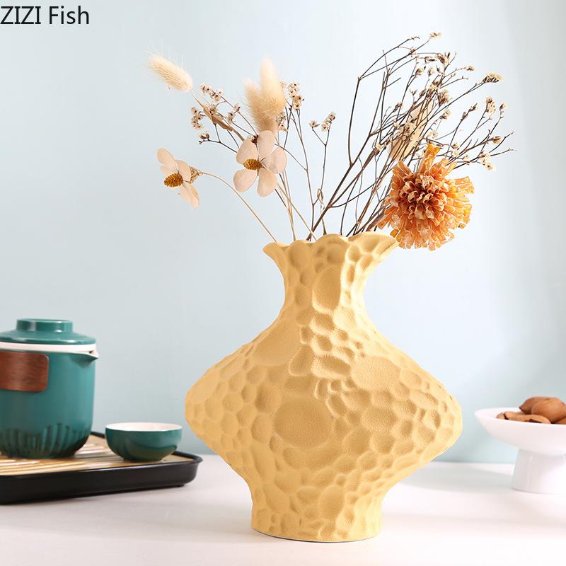 Creative Frosted Wrinkle Ceramic Vase Artificial Floral Decorative Flower Pots Desk Decoration Flowers Arrangement Modern Decor