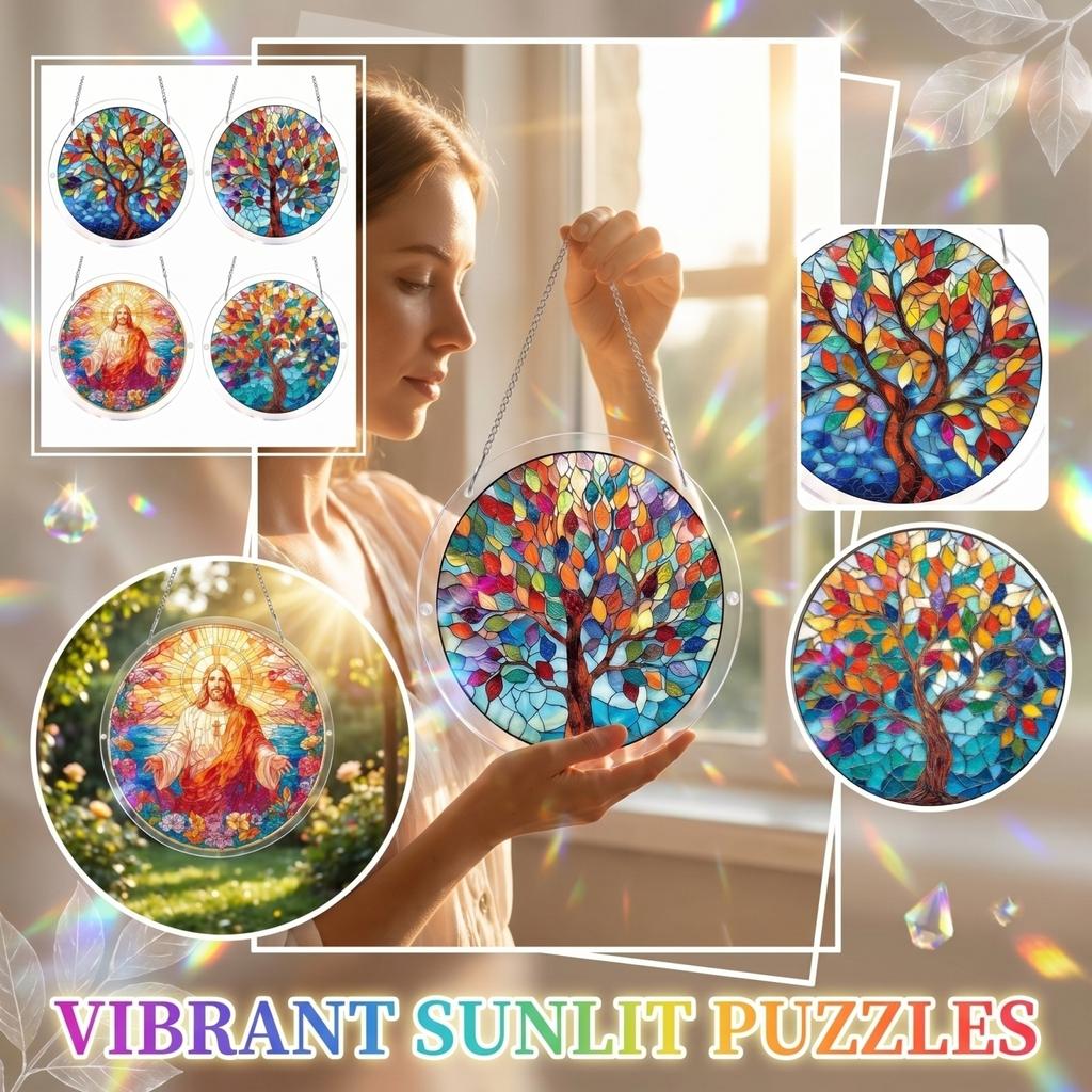 2D Acrylic Sun Catcher Window Decoration Circular Stained Glass Style Puzzle Art with Hanging Chain for Home and Office Display