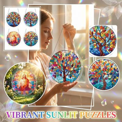 Stained Glass Acrylic Puzzle Suncatcher, DIY Hanging Ornament With Chain, Window Decor For Home & Garden