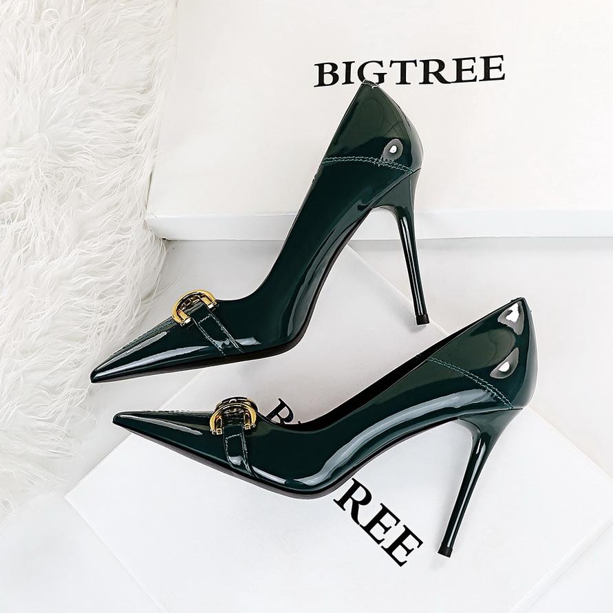 Fashion Luxury Design Women 10cm High Heels Metal Buckle Green Pumps Lady Plus Size Wedding Stiletto Heels Party Nude Replica Prom Shoes