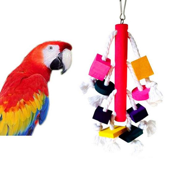 Pet Bird Parrot Wood Blocks Cotton Rope Cage Hanging Standing Play Chew Toy
