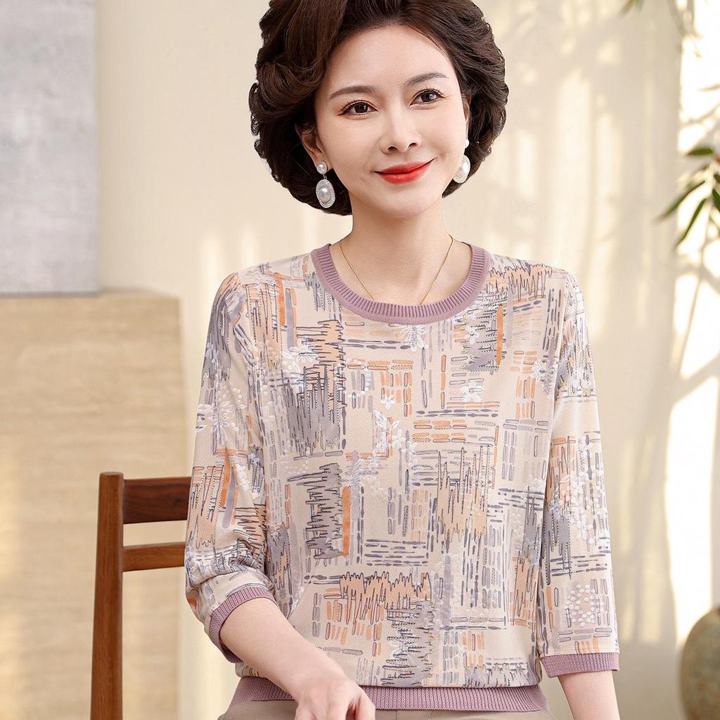Spring Mid-Sleeve T-Shirt for Middle-Aged Women, Plus-Size Autumn Top for 40-50-Year-Old Moms