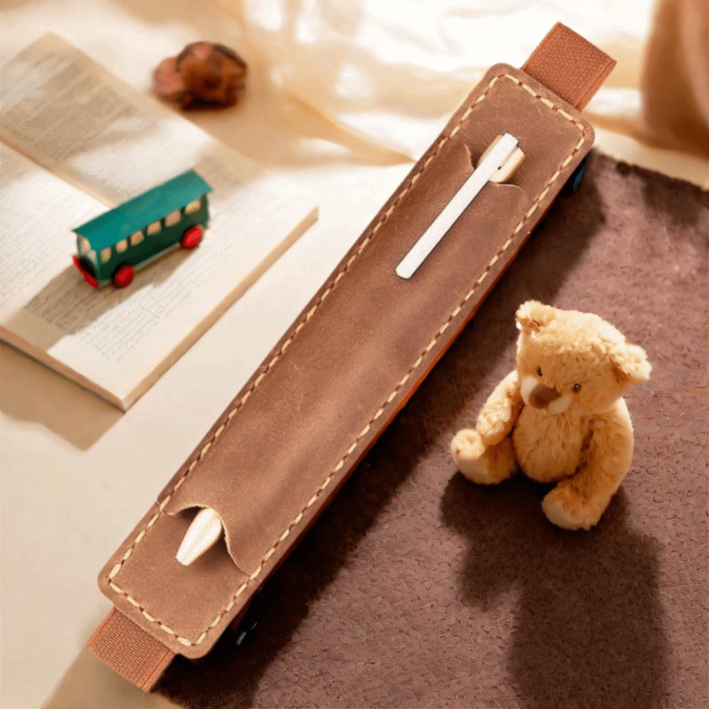 Elastic Band Pen Case Holder Crazy Horse Leather Portable Pen Pouch Leather Pencil Bag  Anime Fan