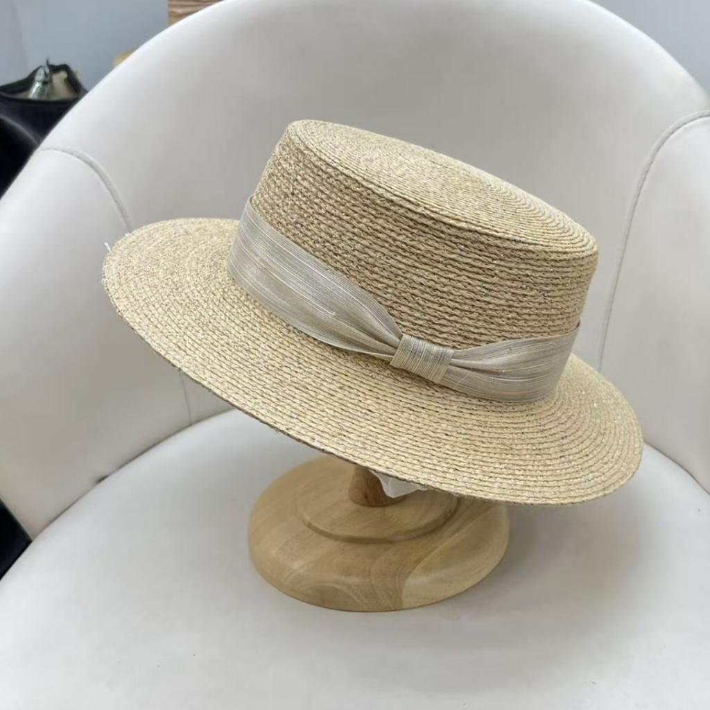 Export quality extra fine hand-woven raffia flat top hat women's summer sun protection straw hat silk hemp top hat