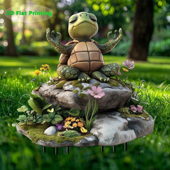 Yoga Turtle Garden Stake, 2D Flat Acrylic Sitting Zen Turtle Decoration, Sit in Meditation Turtle Yard Art Stake for Planter Lawn Plant Pot
