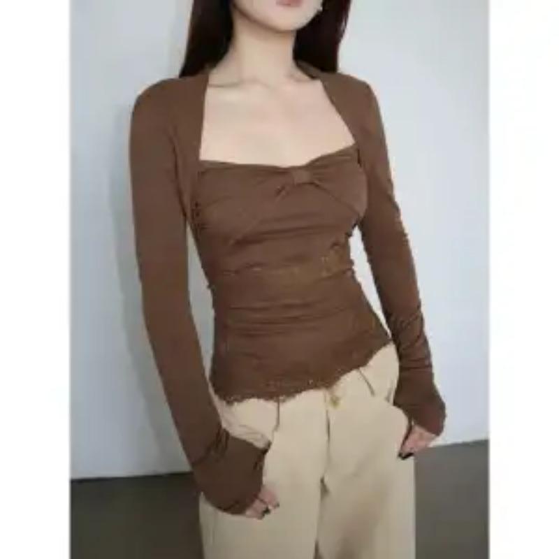 

Кружевная вставка, квадратный вырез, футболка с длинным рукавом, женская, осенняя, верхняя одежда, плиссированный облегающий внутренний пуловер, топ, Инс S коричневый