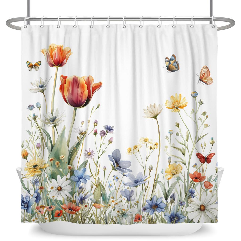 Watercolor Floral Shower Curtain Vibrant Wildflower Butterfly Print Waterproof Bathroom Curtain Decor Polyester With 12 Hooks