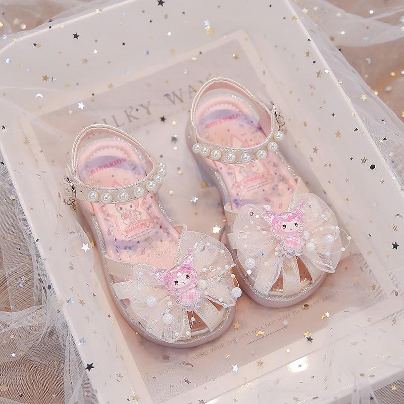 Girls  closed-toe sandals2026Summer New Mesh Bow Cute Cartoon Doll Pearl Hollow Sandals 23Inner Length14.7cm розовый