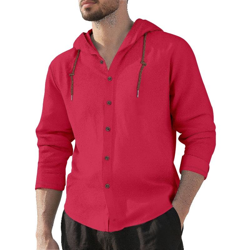 Men's 100% Cotton Hooded Drawstring Shirt, Solid Color Loose Fit Long Sleeve Casual Beach Overshirt for Men