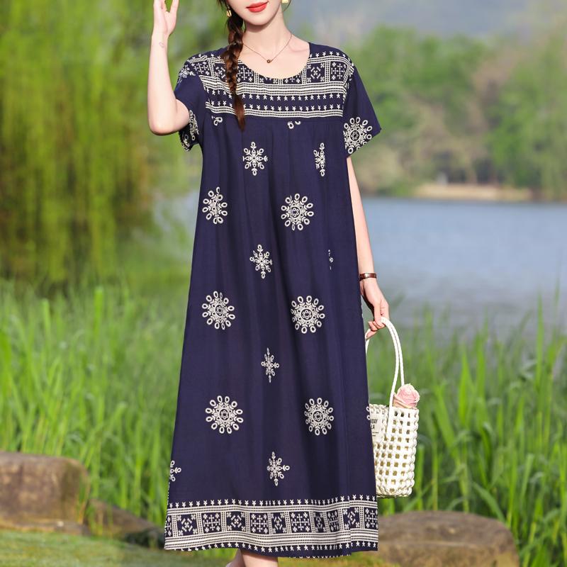 Μεγάλο μέγεθος Φαρδύ Vintage Print Μακρύ Φόρεμα για Γυναικεία Casual κοντομάνικα καλοκαιρινά γυναικεία φορέματα
