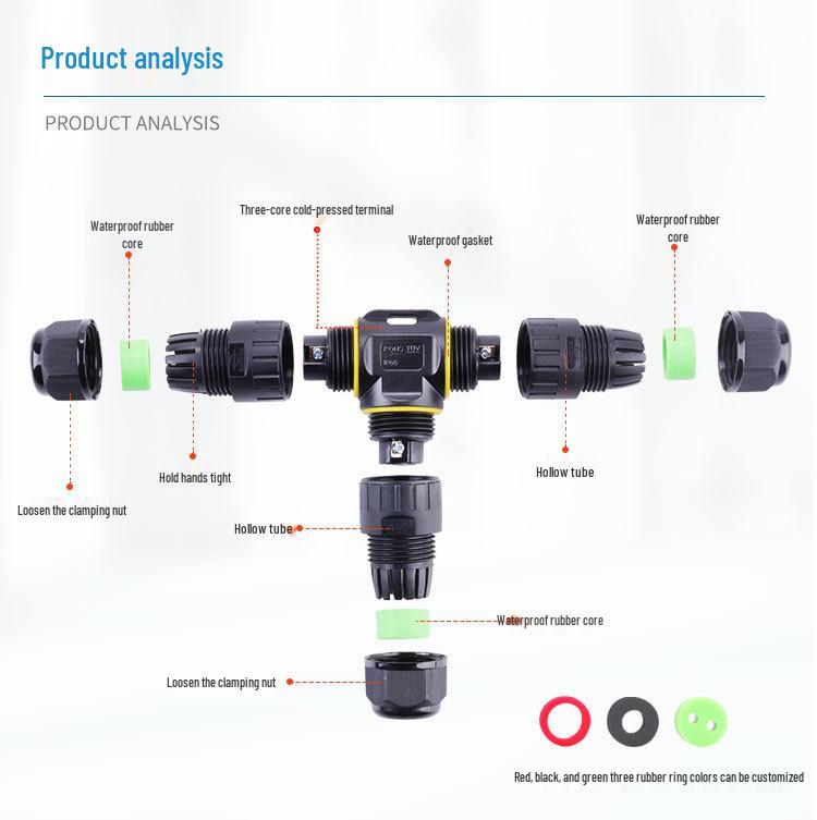 Outdoor Waterproof T-Type Three-Way Cable Connector, 2/3/4 Core, Flame Retardant for Landscape Lights