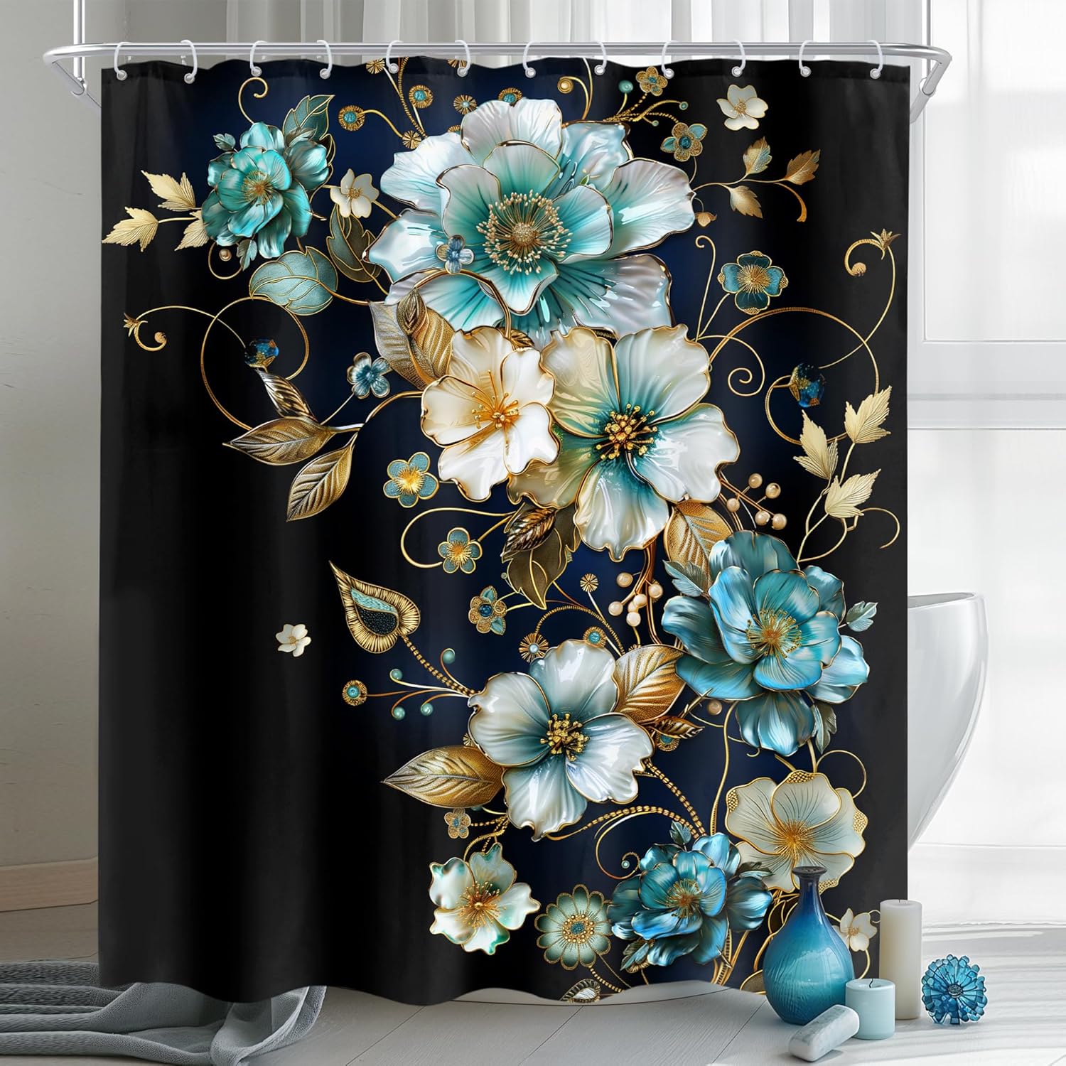 

Artistic Blue Gold Flower Shower Curtain Featuring Black Background And Metallic Leaves Water Resistant Material Elegant Home W60H190(CM)-1 Pcs