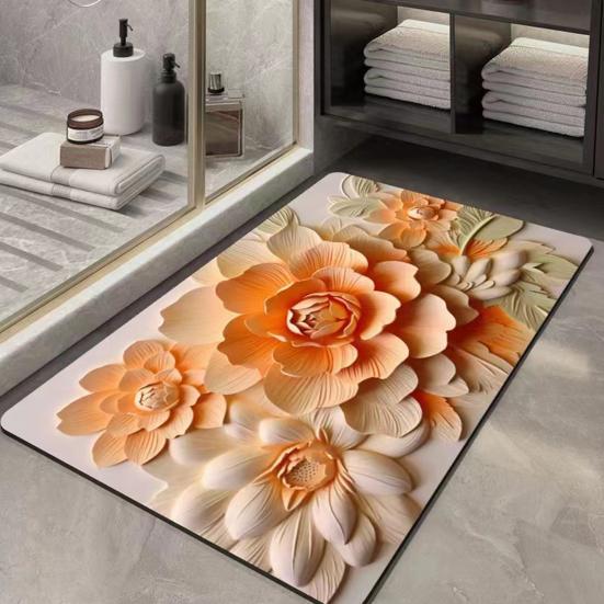 3D Floral Bath Mat Diatomaceous Earth Absorbent Floor Mat Anti Slip Realistic Oil Painting Flowers Bathroom Rug for Home Entrance Shower Kitchen