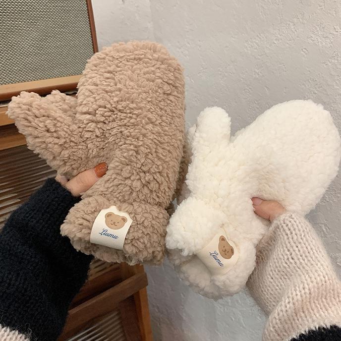 Kawaii Plush Warm Gloves Soft Winter Thick Fingerless Korean Japanese Bear Gloves with Ropes Casual Outdoor Riding Mittens Warm