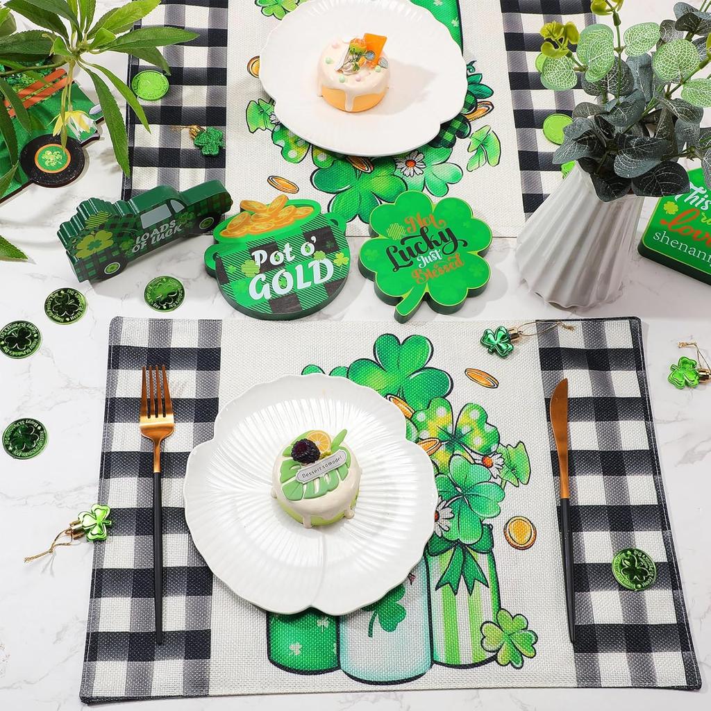 Valentine's Day Buffalo Plaid Placemats Set of 4 Double Sided St Patricks Day Valentines Placemats Decoration Set Farmhouse Table Holiday