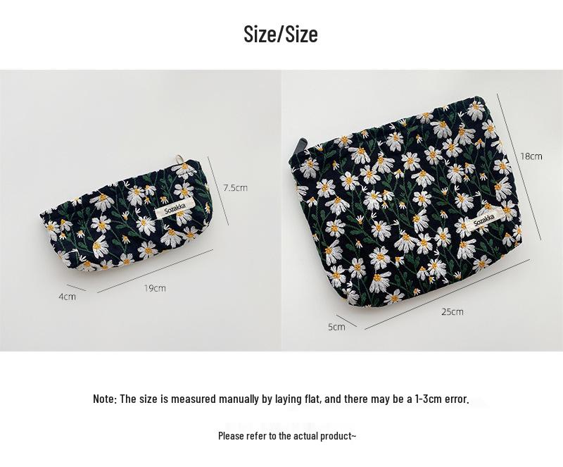 Embroidered Daisy Cosmetic Bag: Simple, Portable, Literary Style with Large Capacity for Storage