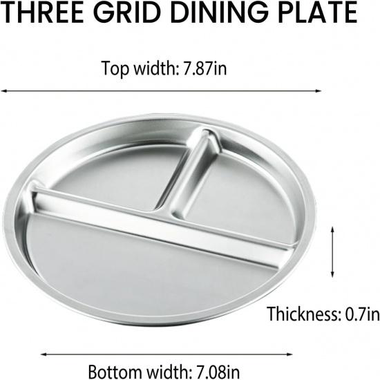 4 Pack 304 Stainless Steel Divided Plate, 8 Inch 3 Section Round Divided Plates Portion Control Plates Partition Plate for Adults, Camping, Picnic,