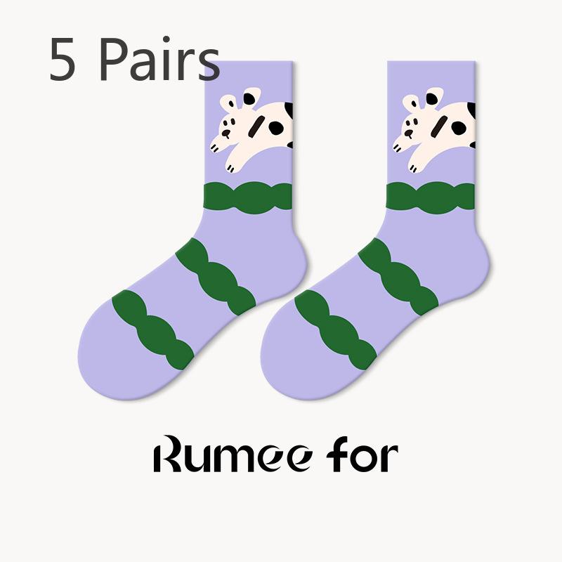5 Pairs of Female Spring Cartoon Non Slip Sweat Absorption Leisure Lovely Tube Socks