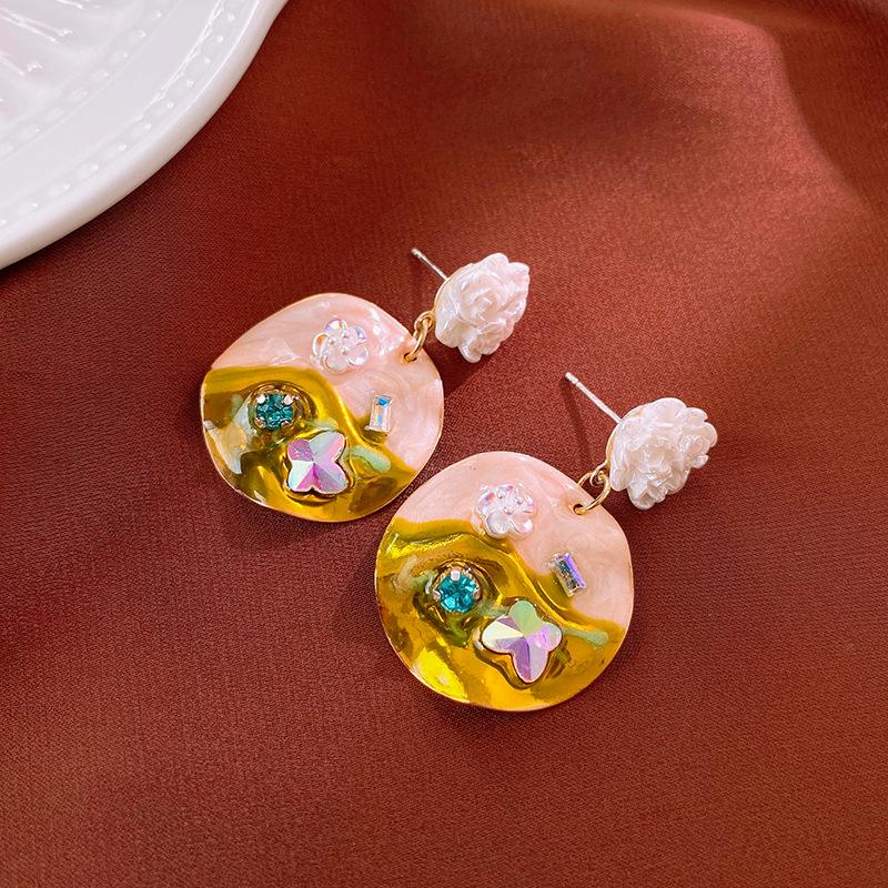 

Серьги-пусеты «Серебряная игла», бриллиантовая бабочка, кристалл, капельное масло, цветок - стиль масляной живописи, высококлассный шик