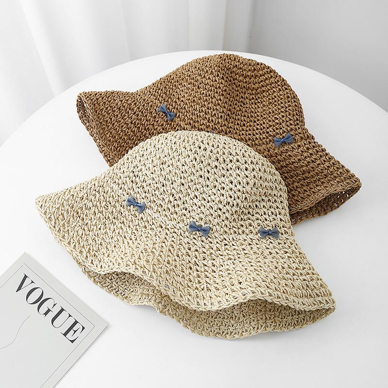 Korean-style Summer Straw Hat For Women Bow Decorated Bucket Hat Sun Protection Breathable Beach Vacation Sun Hat Foldable New