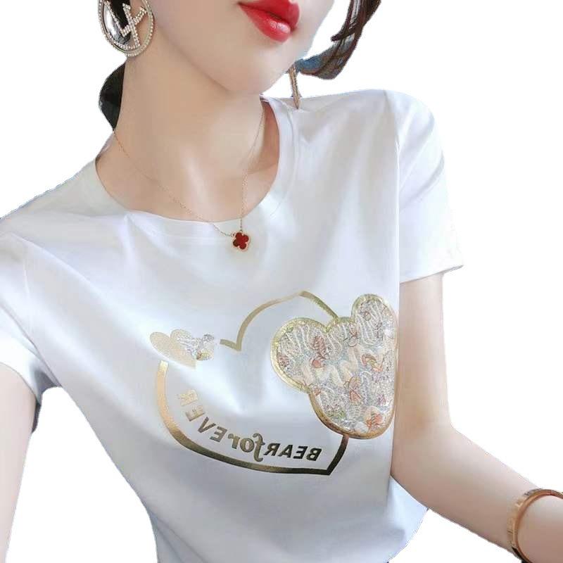 Korean Style Women's Loose-Fit Hot Stamping Short Sleeve T-shirt, Spring/Summer 2023 Fashion Design