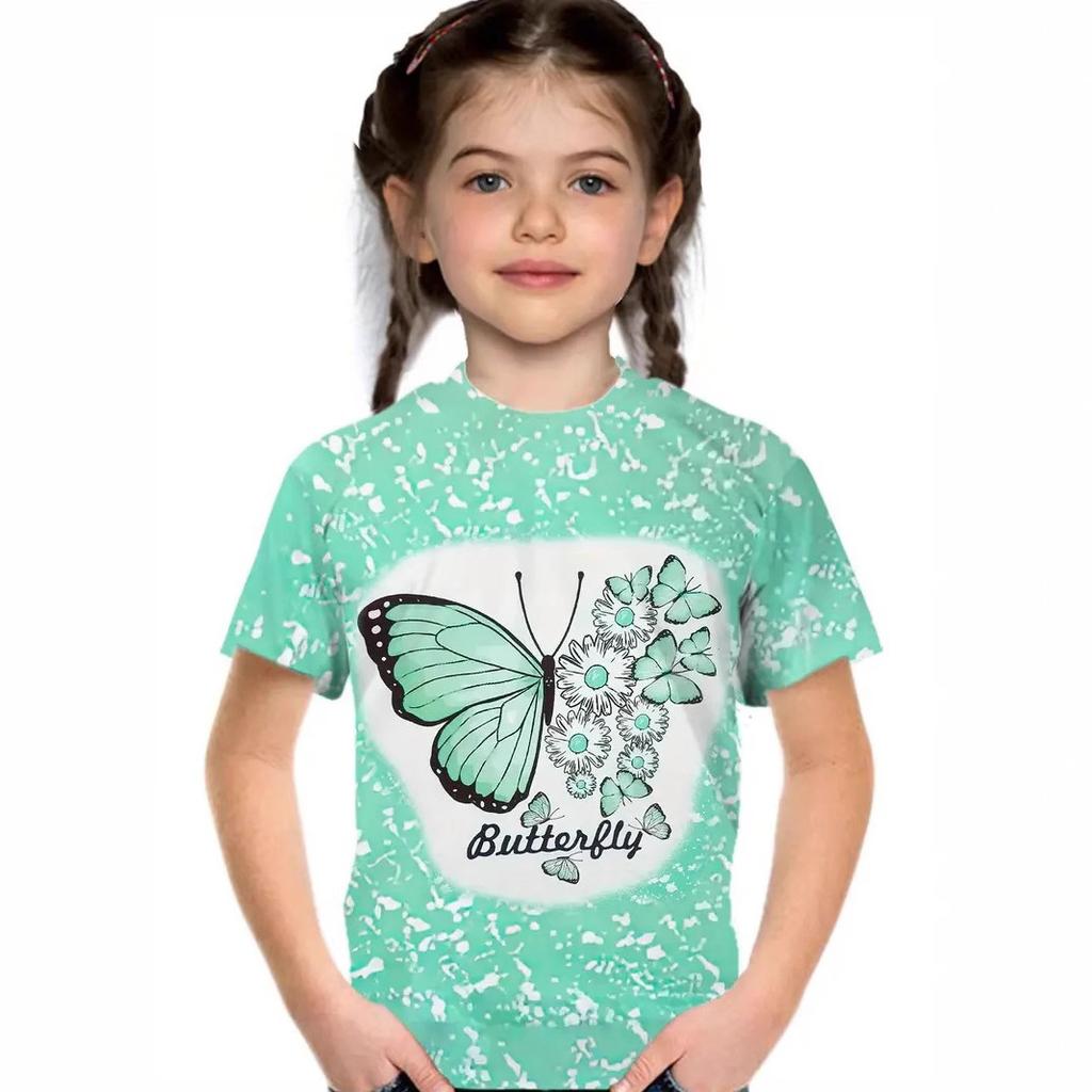 Kids T-shirt 3d Print Summer New Trendy Cute 3D Butterfly Girl Round Neck Short Sleeved T-shirt