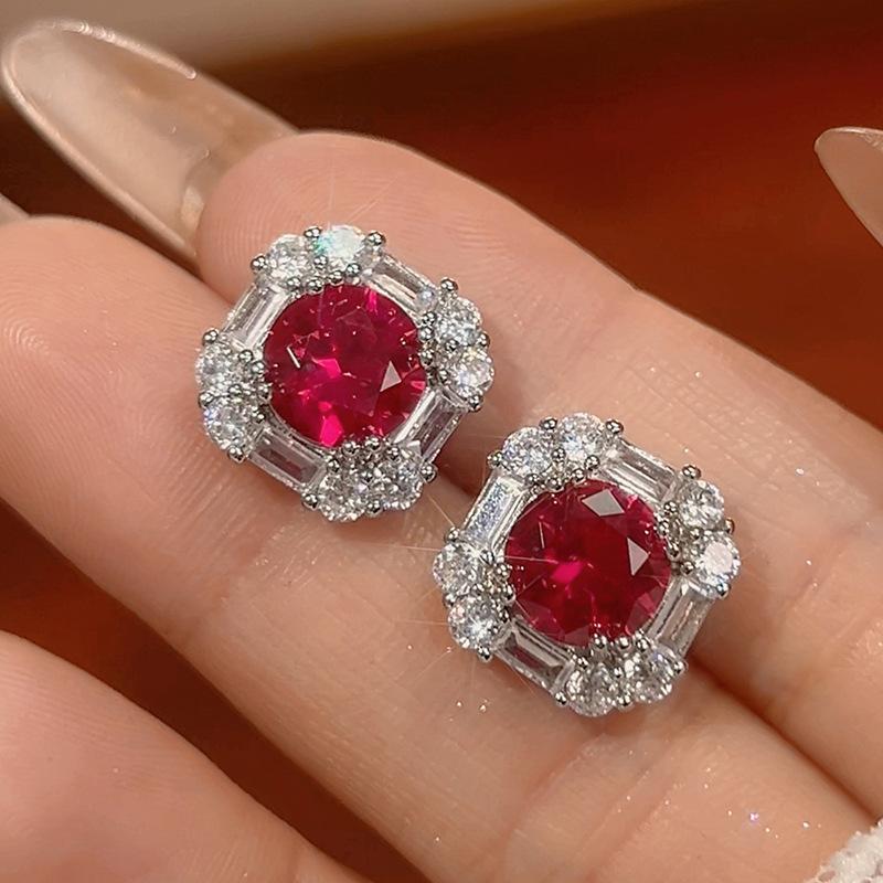 Copper Gold-plated Jewelry Set Earrings Necklace Ring Ruby Niche Simple Fashion Women's