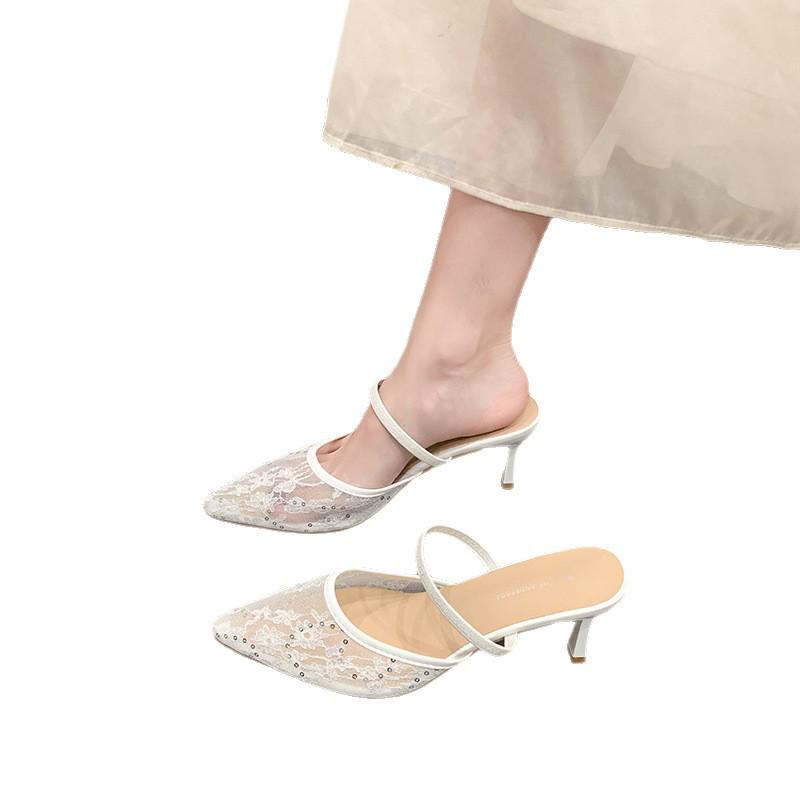 Französische Feen-Netz-Spitz zulaufende Schnür-Stiletto-Sandalen für Damen - Sommer 2026 Edition