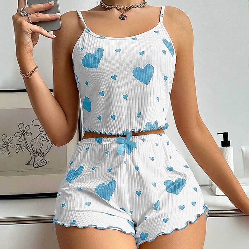 

Heart Vest Camisole Women s Pajamas 2024 New Arrival Outer Shorts Suit Fashion Sunken Stripe Bows Summer Blue with white L