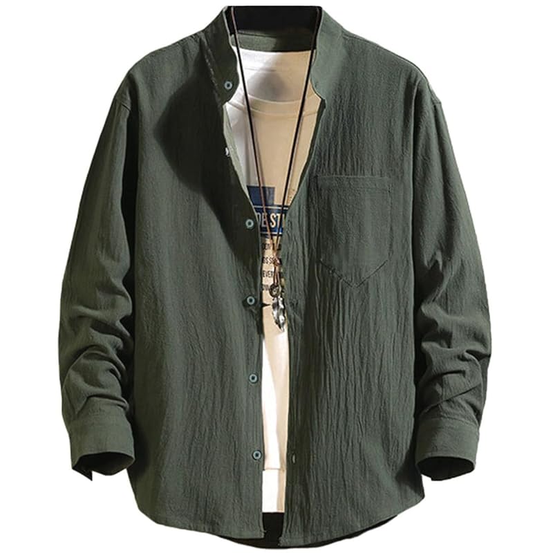 

[OKJCON] shirt men s long sleeve spring casual Fashionable cotton linen Plain color Relaxing business large size (JP, alphabet, L, green)