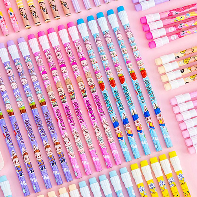10Pcs Wooden Pencils With Eraser Cartoon Pencils With Colorful Eraser Office Supplies Student Stationery Birthday Gifts