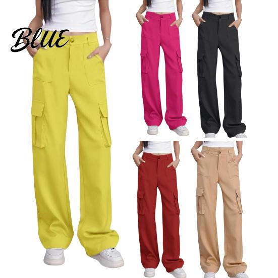 Loose Fit Leg-modifying Pants Women Cargo High Waist Button Zipper Fly Casual Long Trousers Solid