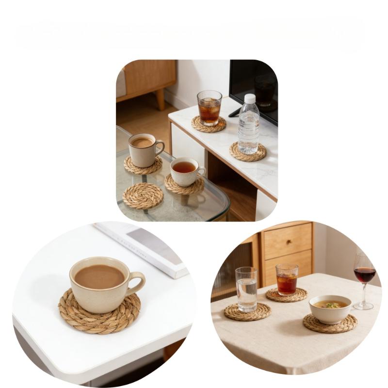 Handwoven Rattan Placemats Round Heat Insulation Pot Mats Bohemian Coaster Natural Western Placemats Dining Home Wedding Decor