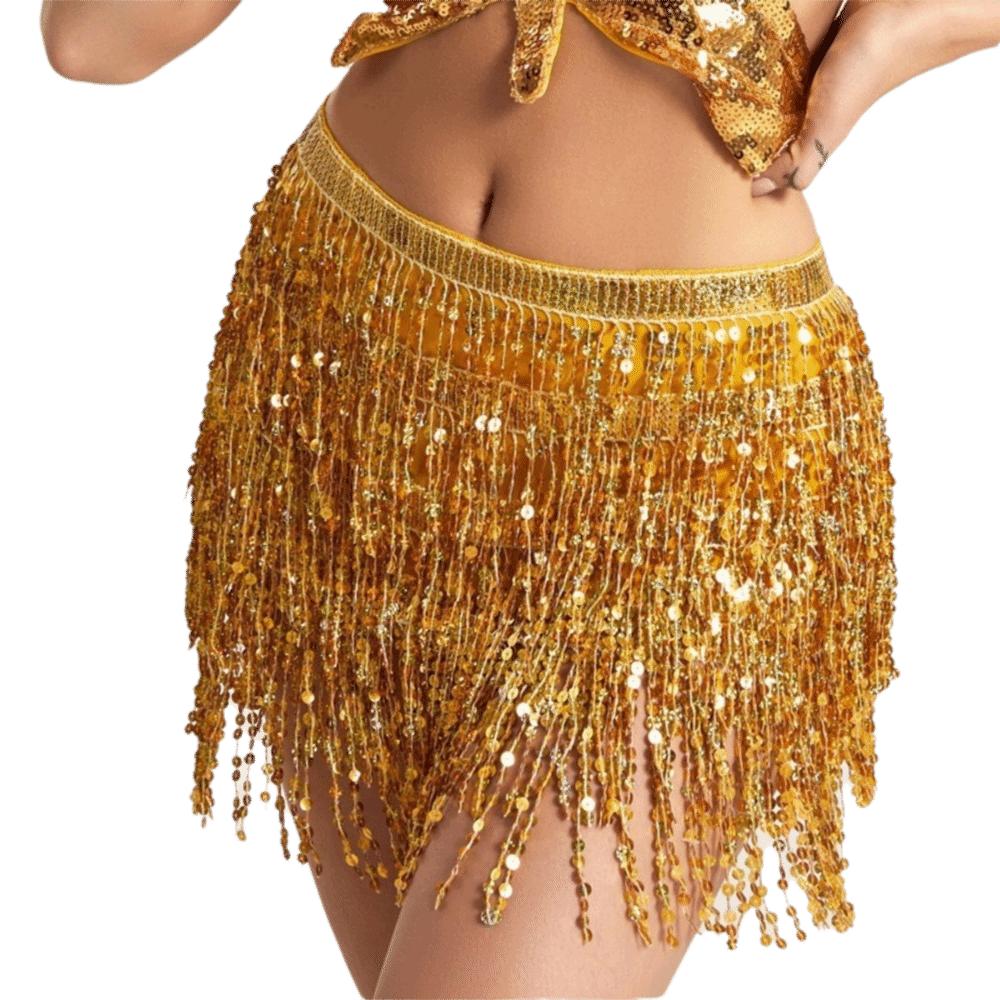 Sequins Belly Dance Waist Chain 4-Layer Tassel Hip Scarf Latin Dance Hula Short Skirt  Party