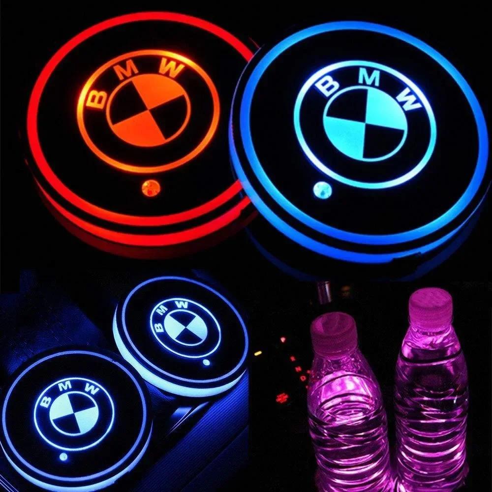 BAGE7 2026 Car Sticker 2PCS New LED Cup Holder Light Mats Car Coasters For BMW E90 F20 F30 F34 F36 F10 F15 G20 G30 G32 G01 G02 G05 X1
