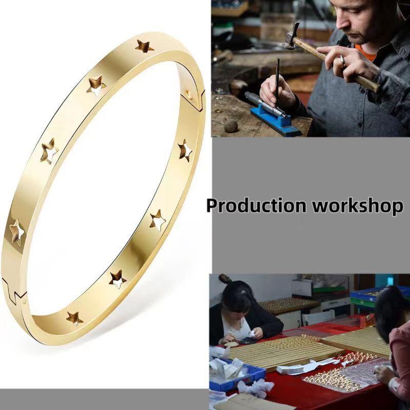 Trendy 18K Gold Plated Charm Bangle Bracelet with Diamond Hollow Out Star Design for Women Elegant Wedding Gift Jewelry