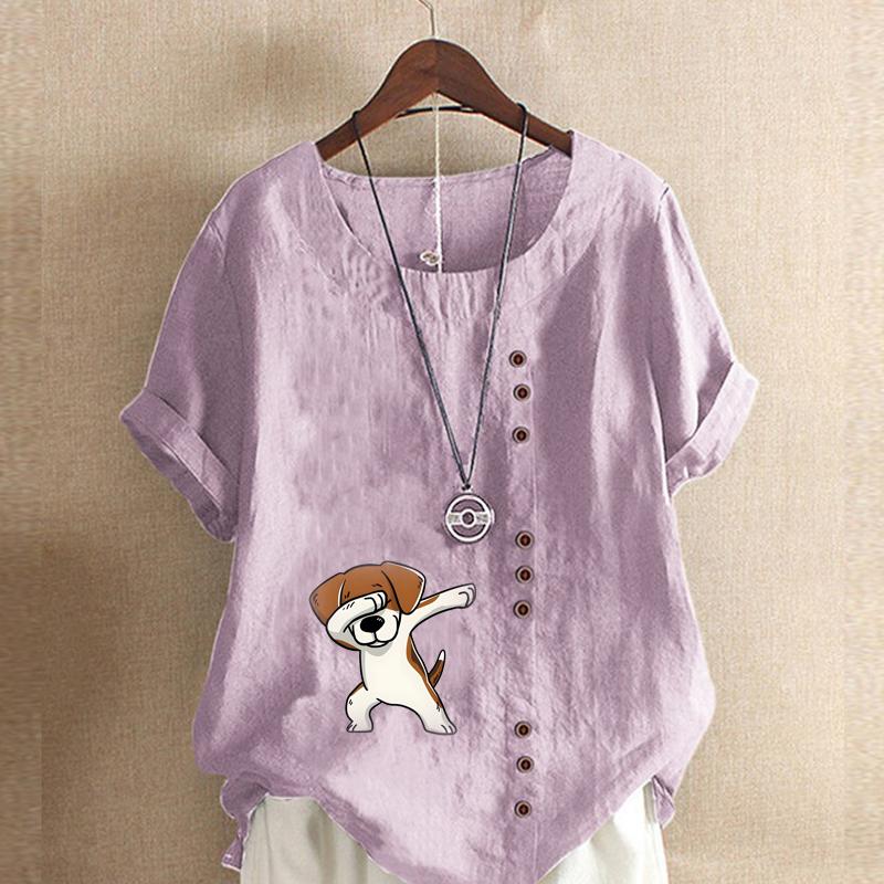 Women's Fashion Round Neck Short Sleeve T-shirt Casual Cotton Linen Graphic Shirt Lovely Dog Prined Summer Blouse Tops Plus Size
