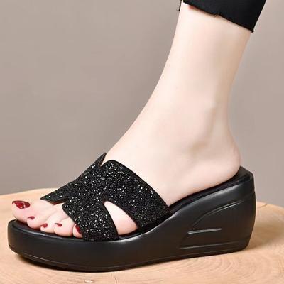 Slope Heel Rhinestone Cool Slippers Women's High Heel Soft Leather Korean Version Thick Bottom H Half Drag Summer Outer Wear Muffin Bottom One-word D