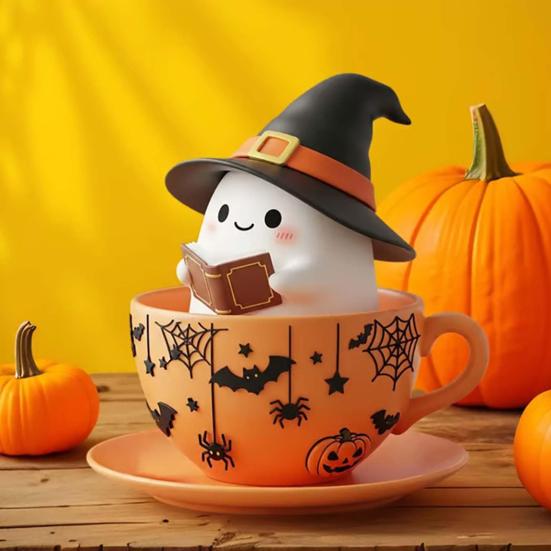 Halloween Ghost Teacup Figurine Witch Hat Reading Ghost Statue Resin Sculpture Home Office Holiday Party Desktop Decoration Ornament