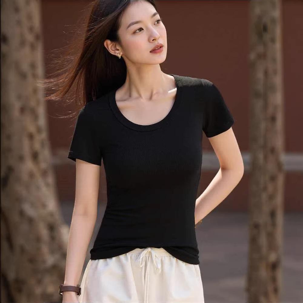 Be careful with the machine U-neck slim-fitting short-sleeved T-shirt for women's summer new waist pinch and thin white bottoming shirt top