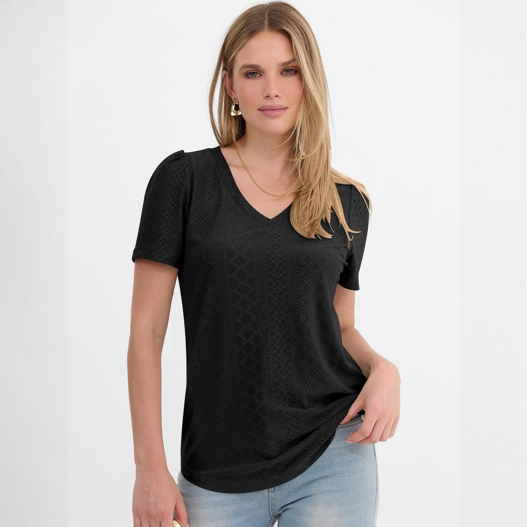 Women's Jacquarded V-neck Top T-shirt Short Sleeve Versatile Hollow Top