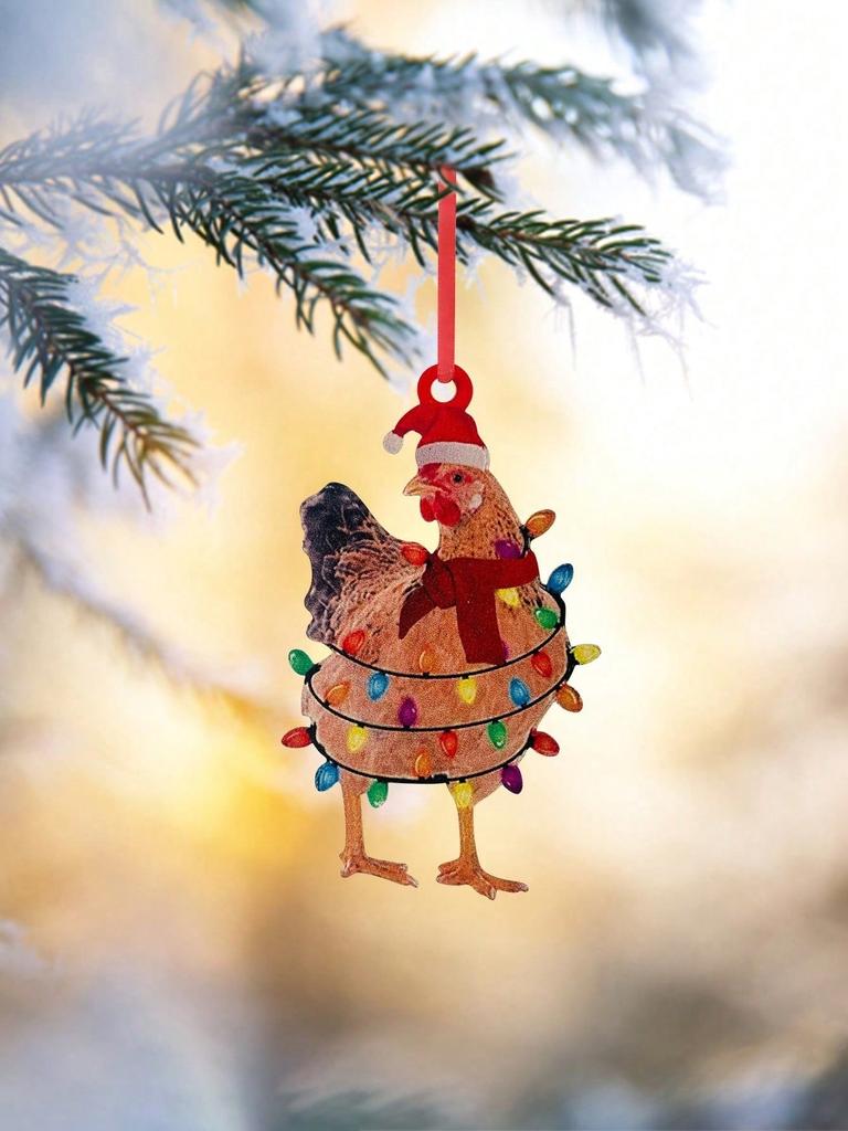 Cute Christmas Chicken Hanging Decoration Acrylic Rooster Ornament with Santa Hat & Scarf Pendant for Xmas Tree, Home&Party Gift