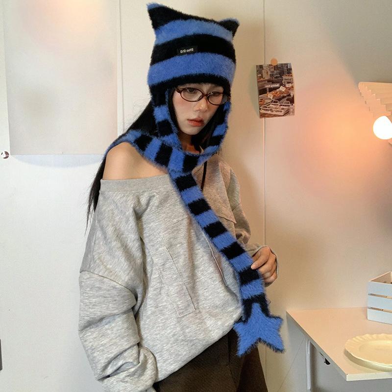 Y2K Subculture  Girl Sweet Cool Style Hat Star Striped Plush Knitted Hat