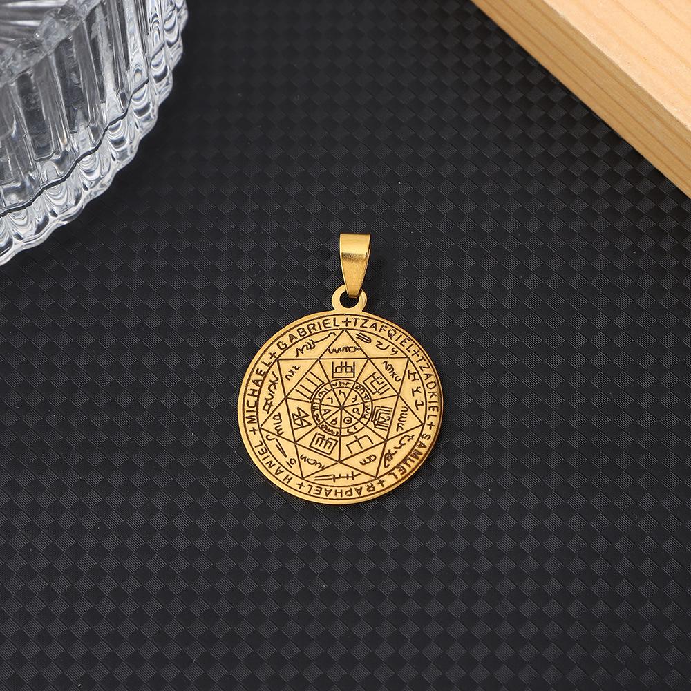 Round Pendant Necklace with Engraved Geometric Rune Pattern Stainless Steel Chain for Everyday Wear and Accessory Use