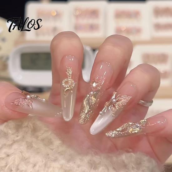 Unhas Postiças Gradiente Nude 10 Peças Press on Nails, Kit Completo Rosa Falso, Reutilizável Glitter Luxo Pedraria Cola para Nail Art com Pedrarias, Cobertura