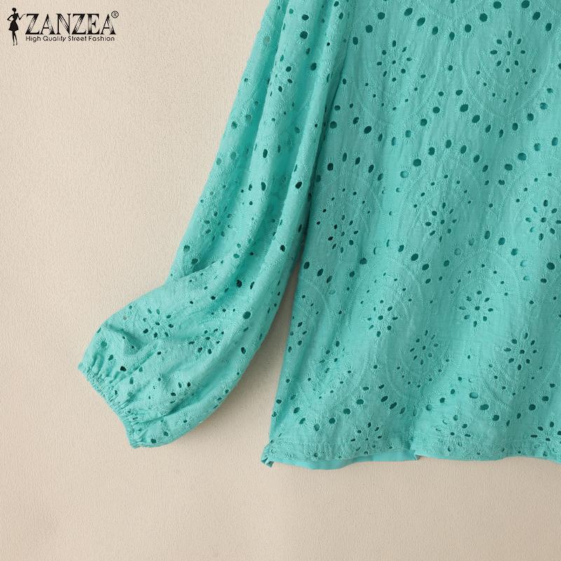 ZANZEA Women Casual Round Neck Long Sleeve Patchwork Lace Crochet Blouse